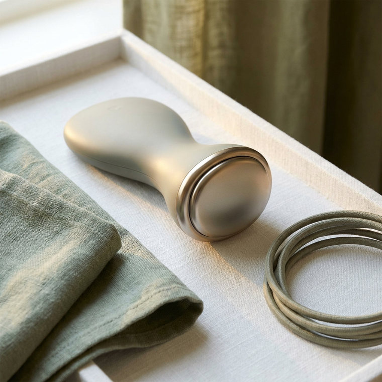 Body-care applicator resting on a white linen tray