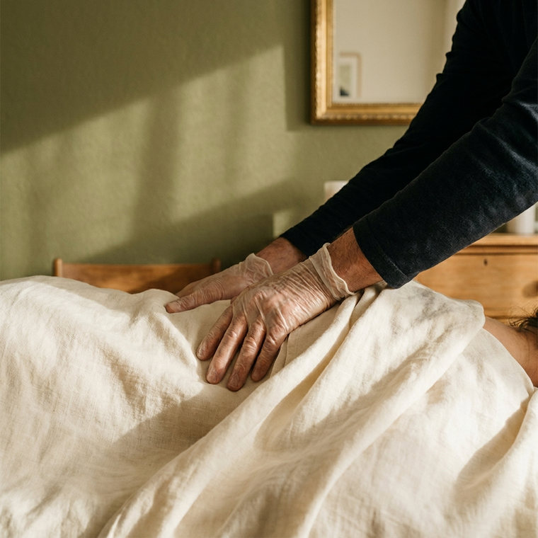 Gloved practitioner applying pressure to a client covered with linen