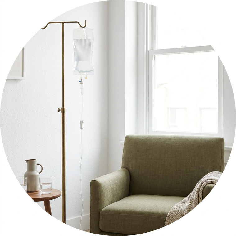 Illustrative consultation room with a fluid bag on a stand