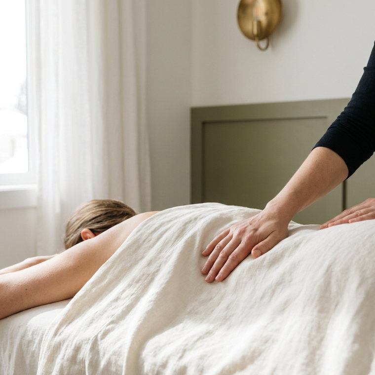 Practitioner’s hand on a linen-covered client during a massage